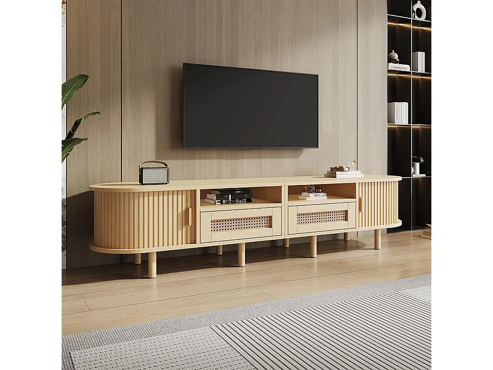 Meuble TV ovale table TV 2 tiroirs rotin 2 portes coulissantes TV 70 pouces chêne clair