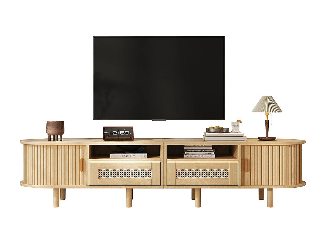 Meuble TV ovale table TV 2 tiroirs rotin 2 portes coulissantes TV 70 pouces chêne clair
