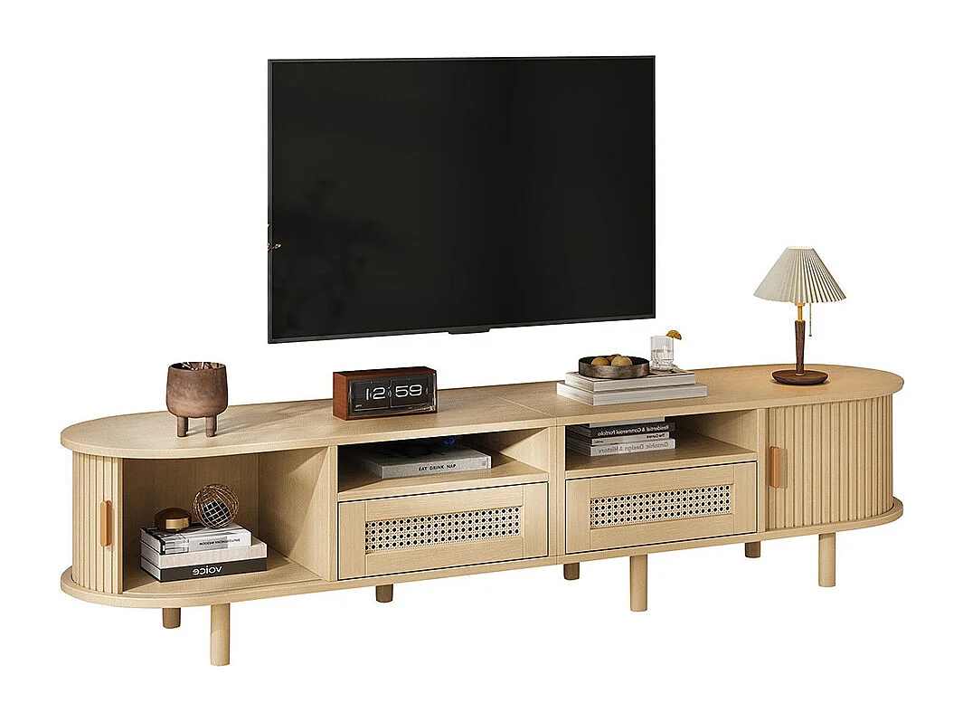 Meuble TV ovale table TV 2 tiroirs rotin 2 portes coulissantes TV 70 pouces chêne clair