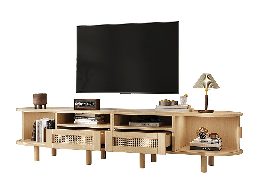 Meuble TV ovale table TV 2 tiroirs rotin 2 portes coulissantes TV 70 pouces chêne clair