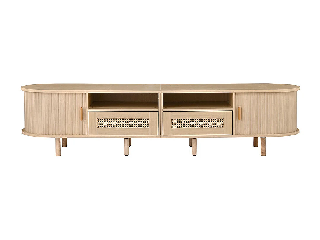 Meuble TV ovale table TV 2 tiroirs rotin 2 portes coulissantes TV 70 pouces chêne clair