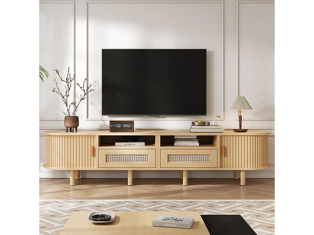 Meuble TV ovale table TV 2 tiroirs rotin 2 portes coulissantes TV 70 pouces chêne clair