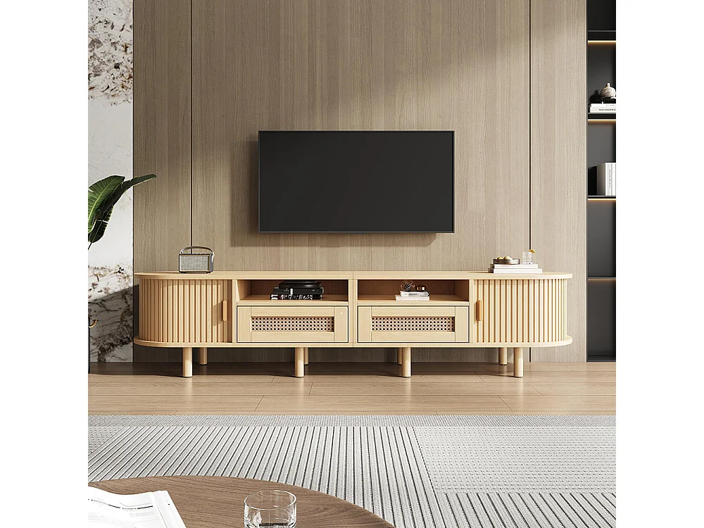Meuble TV ovale table TV 2 tiroirs rotin 2 portes coulissantes TV 70 pouces chêne clair