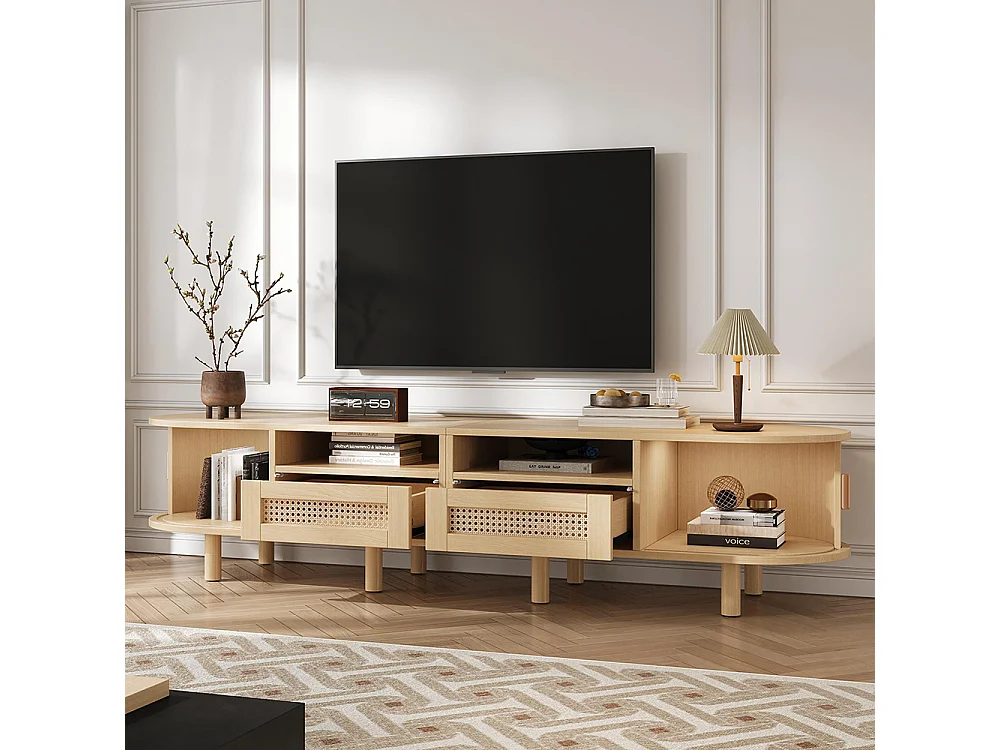 Meuble TV ovale table TV 2 tiroirs rotin 2 portes coulissantes TV 70 pouces chêne clair