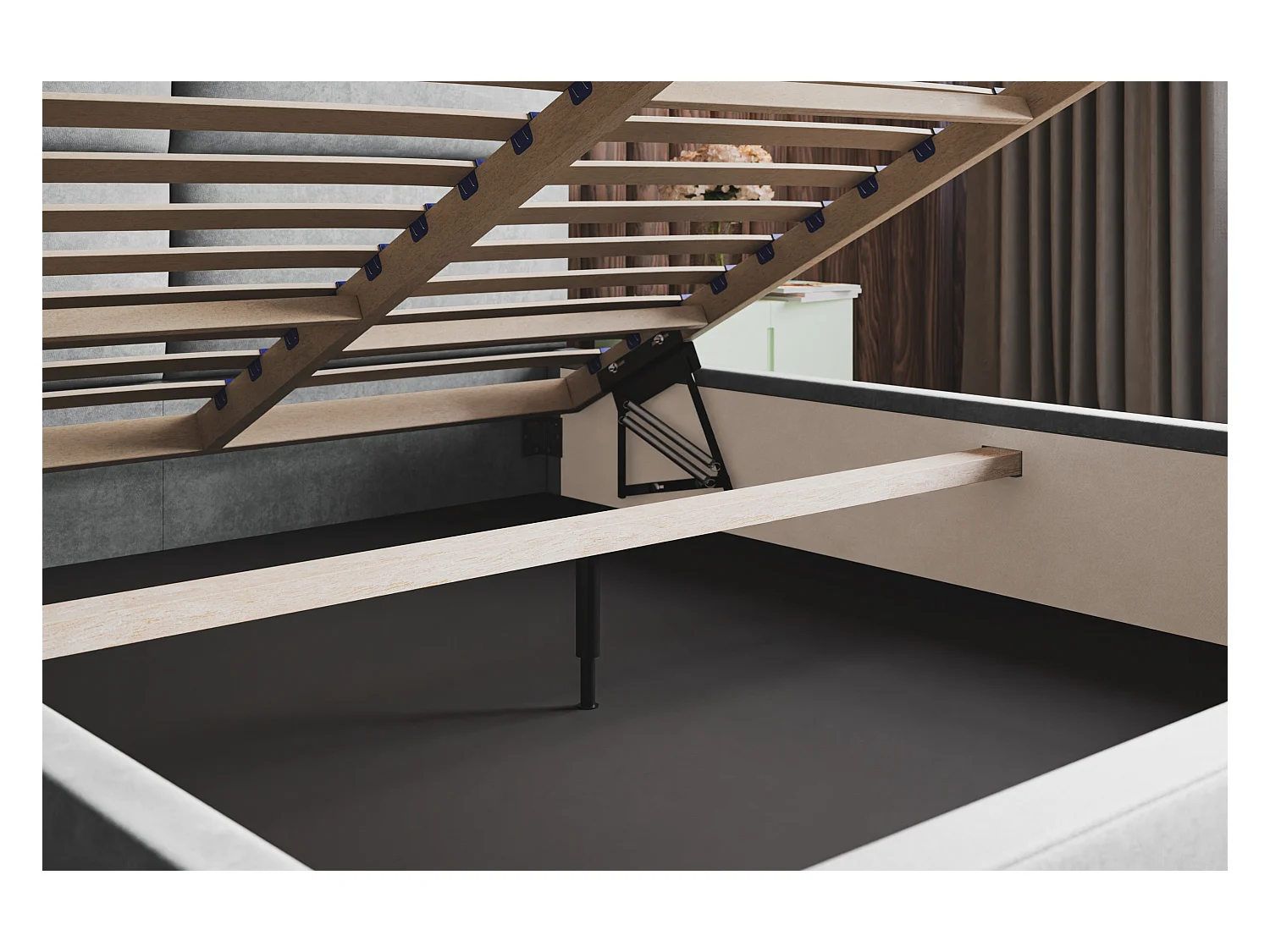 Lit rembourré LIZBONA SLIM avec tête de lit, 180 x 200 cm, lit double avec coffre de rangement et sommier à lattes en bois, couleur : bleu foncé, tissu velours