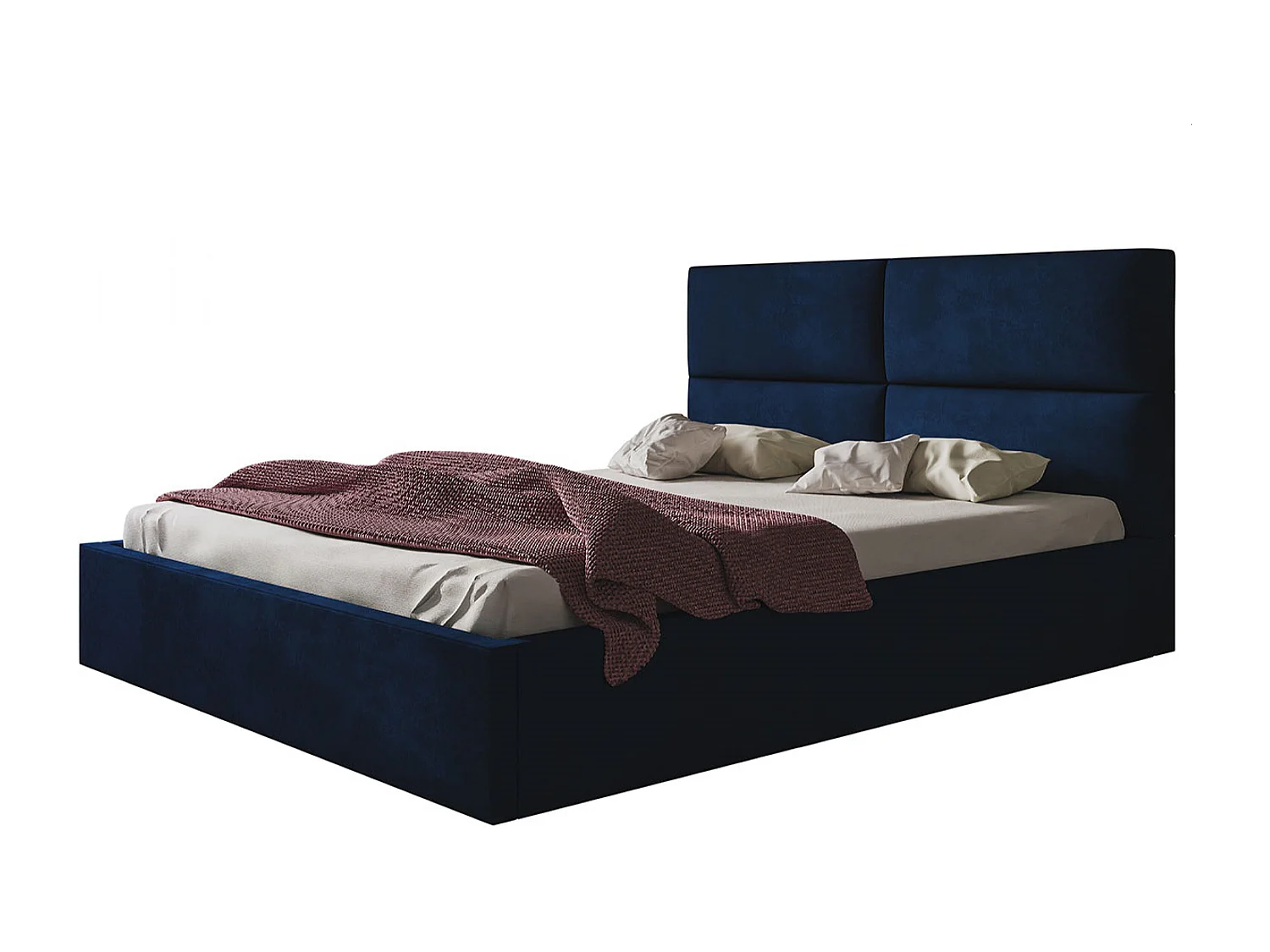Lit rembourré LIZBONA SLIM avec tête de lit, 180 x 200 cm, lit double avec coffre de rangement et sommier à lattes en bois, couleur : bleu foncé, tissu velours