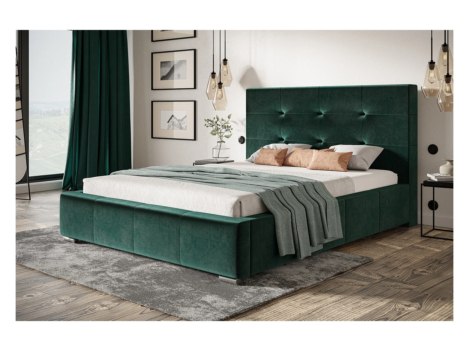 Lit rembourré Oslo avec tête de lit, 160x200 cm, lit double avec coffre de rangement et sommier à lattes en bois, tissu velours, couleur : vert