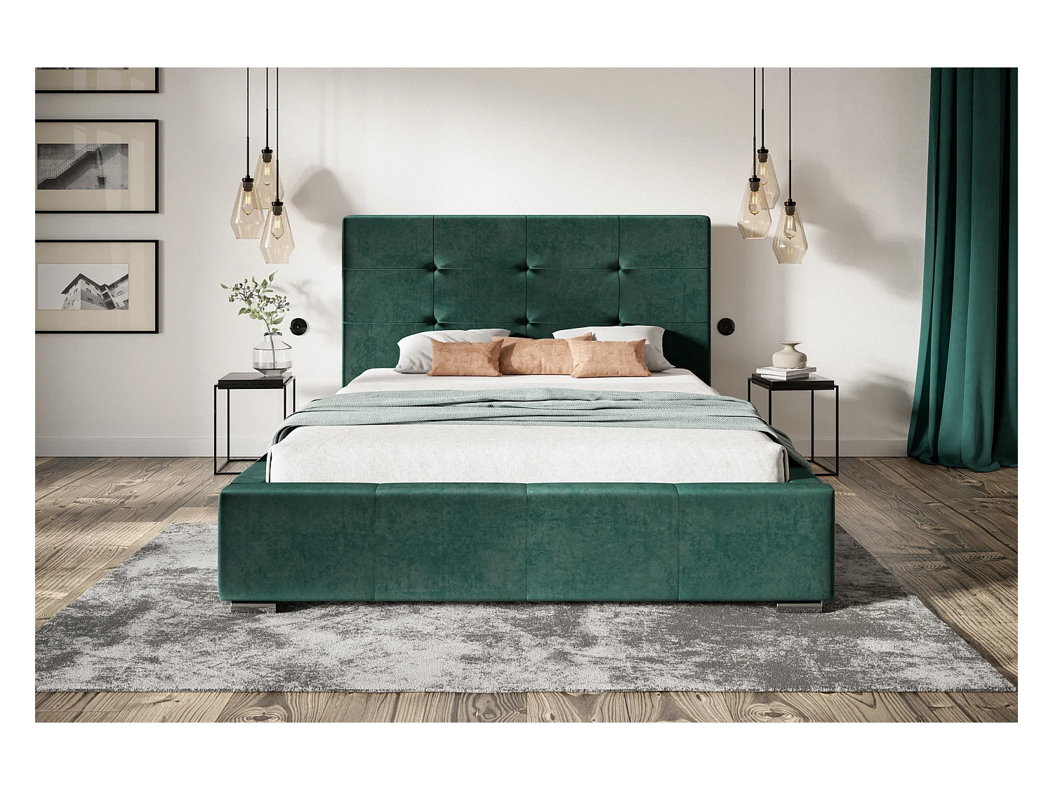 Lit rembourré Oslo avec tête de lit, 160x200 cm, lit double avec coffre de rangement et sommier à lattes en bois, tissu velours, couleur : vert