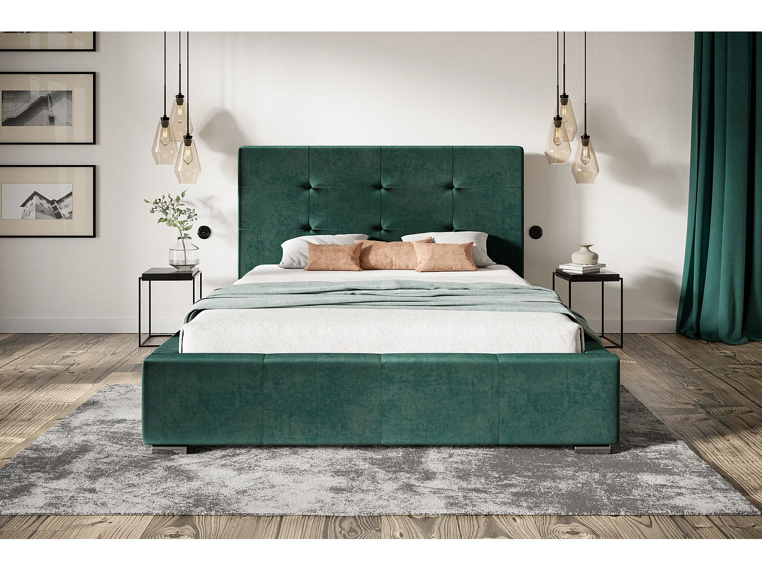 Lit rembourré Oslo avec tête de lit, 160x200 cm, lit double avec coffre de rangement et sommier à lattes en bois, tissu velours, couleur : vert