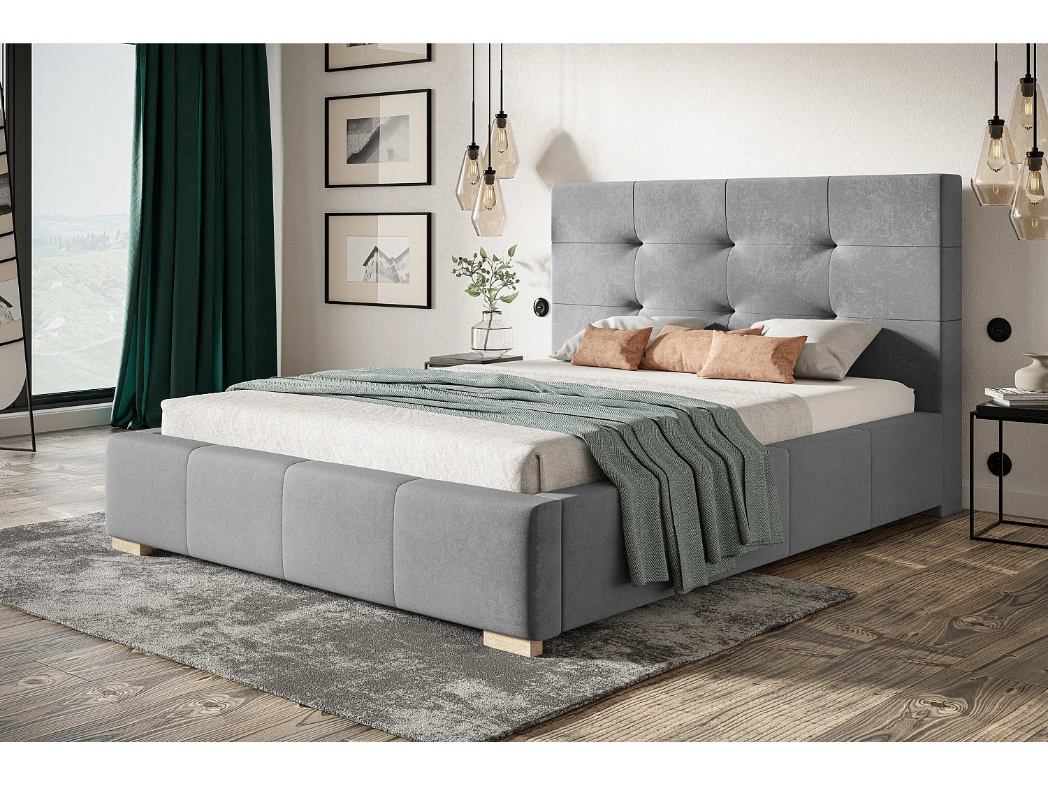 Lit rembourré Oslo avec tête de lit, 120x200 cm, lit double avec coffre de rangement et sommier à lattes en bois, tissu velours, couleur : gris