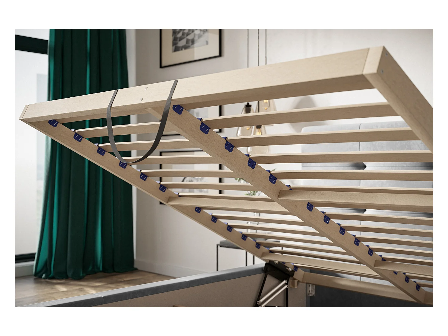 Lit rembourré Oslo avec tête de lit, 120x200 cm, lit double avec coffre de rangement et sommier à lattes en bois, tissu velours, couleur : gris