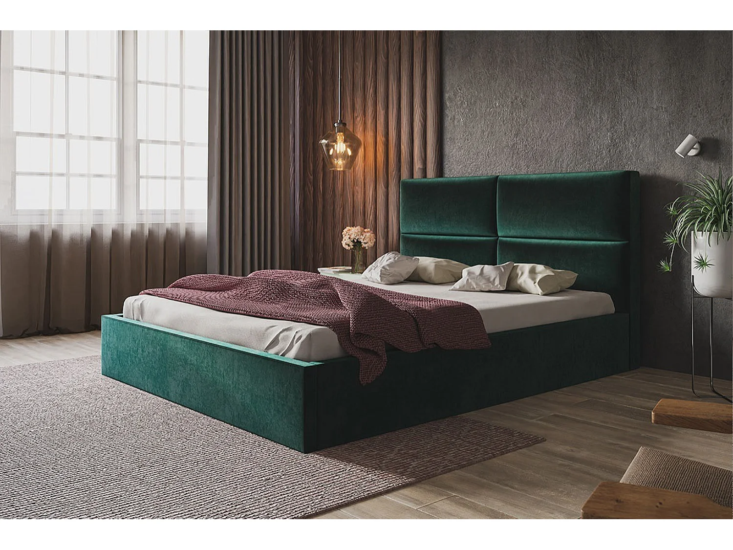 Lit rembourré LIZBONA SLIM avec tête de lit, 140x200 cm, avec coffre de rangement et sommier à lattes en bois, couleur: vert, tissu velours