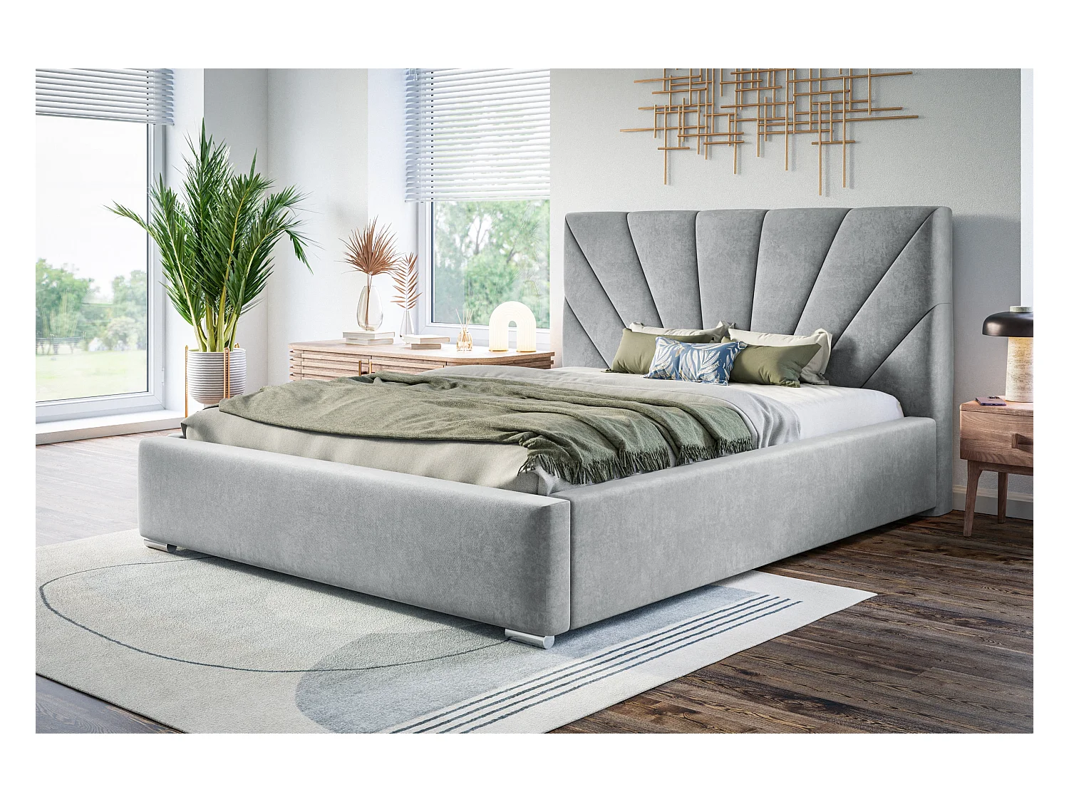 Lit rembourré Denver avec tête de lit, 160x200 cm, lit double avec coffre de rangement et sommier à lattes en bois, tissu velours, couleur : gris