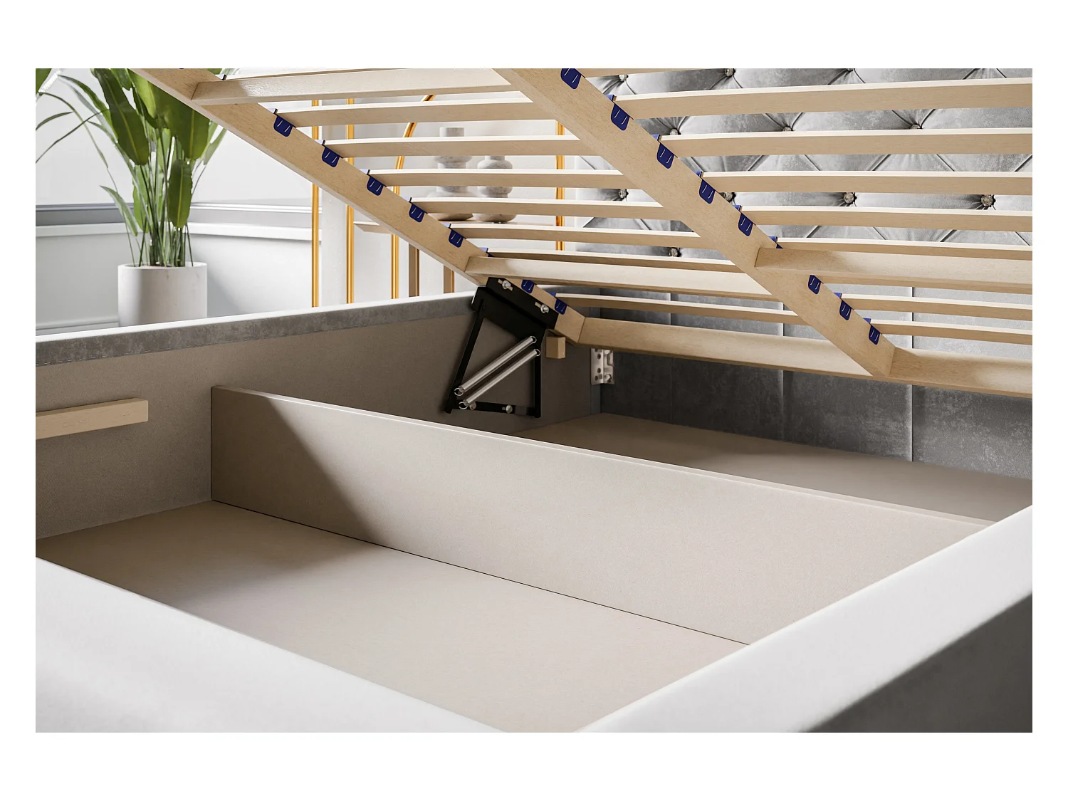 Lit rembourré Boston avec tête de lit, 180x200 cm, lit double avec coffre de rangement et sommier à lattes en bois, tissu velours, couleur : bleu foncé