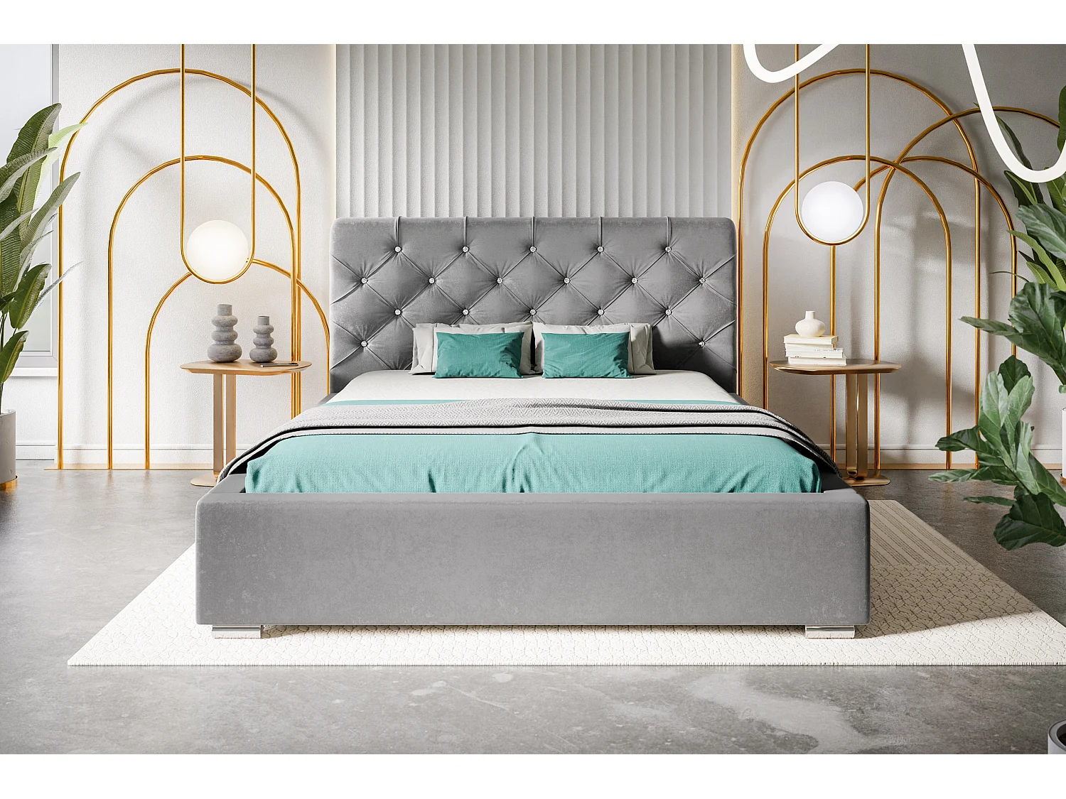 Lit rembourré Boston avec tête de lit, 180x200 cm,  avec coffre de rangement et sommier à lattes en bois, tissu velours, couleur: bleu foncé