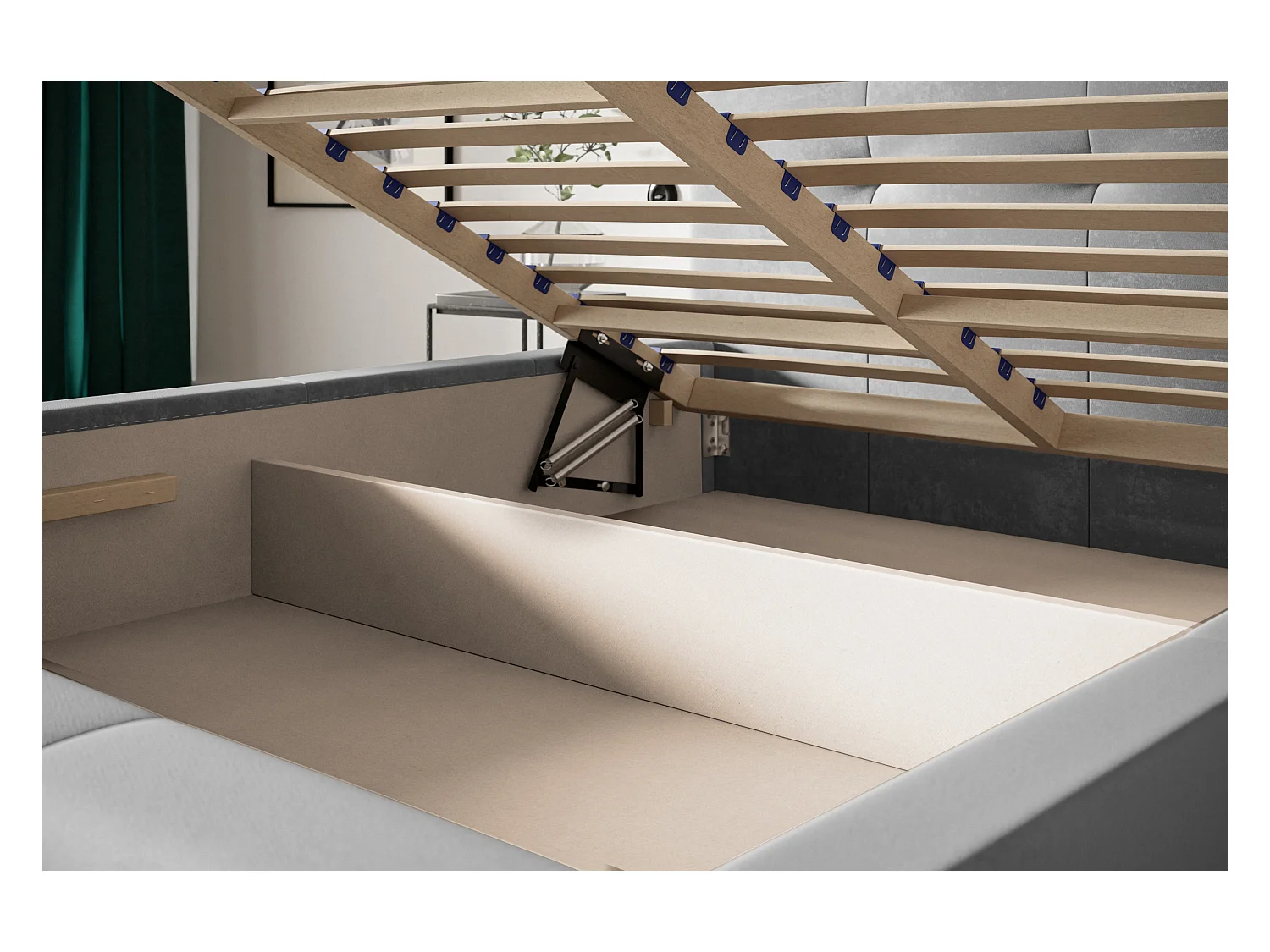 Lit rembourré Oslo avec tête de lit, 140x200 cm, lit double avec coffre de rangement et sommier à lattes en bois, tissu structuré, couleur : gris foncé