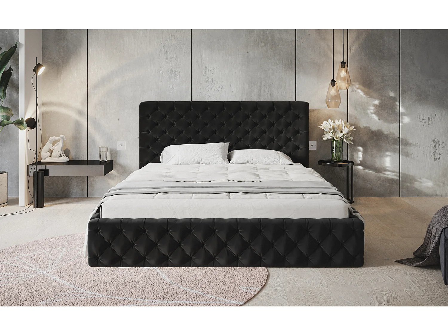 Lit rembourré MIAMI SLIM avec tête de lit, 180 x 200 cm, lit double avec coffre de rangement et sommier à lattes en bois, couleur : noir, tissu velours