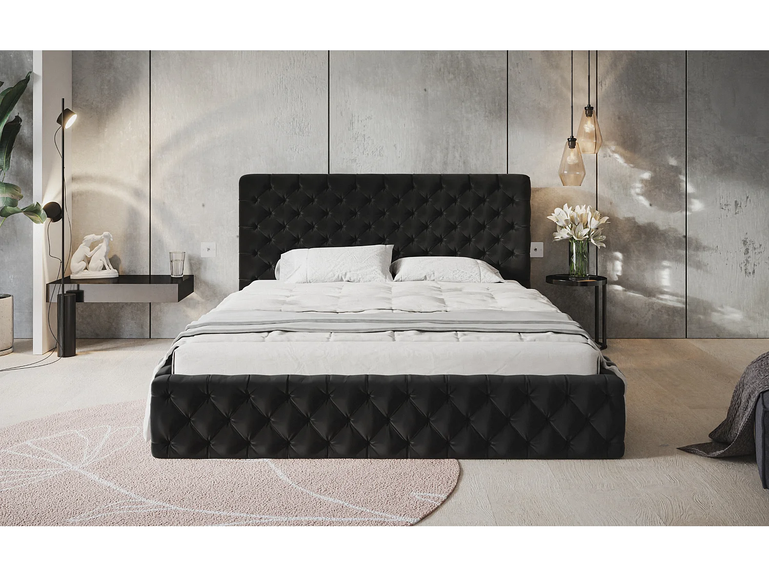 Lit rembourré MIAMI SLIM avec tête de lit, 180 x 200 cm, lit double avec coffre de rangement et sommier à lattes en bois, couleur : noir, tissu velours