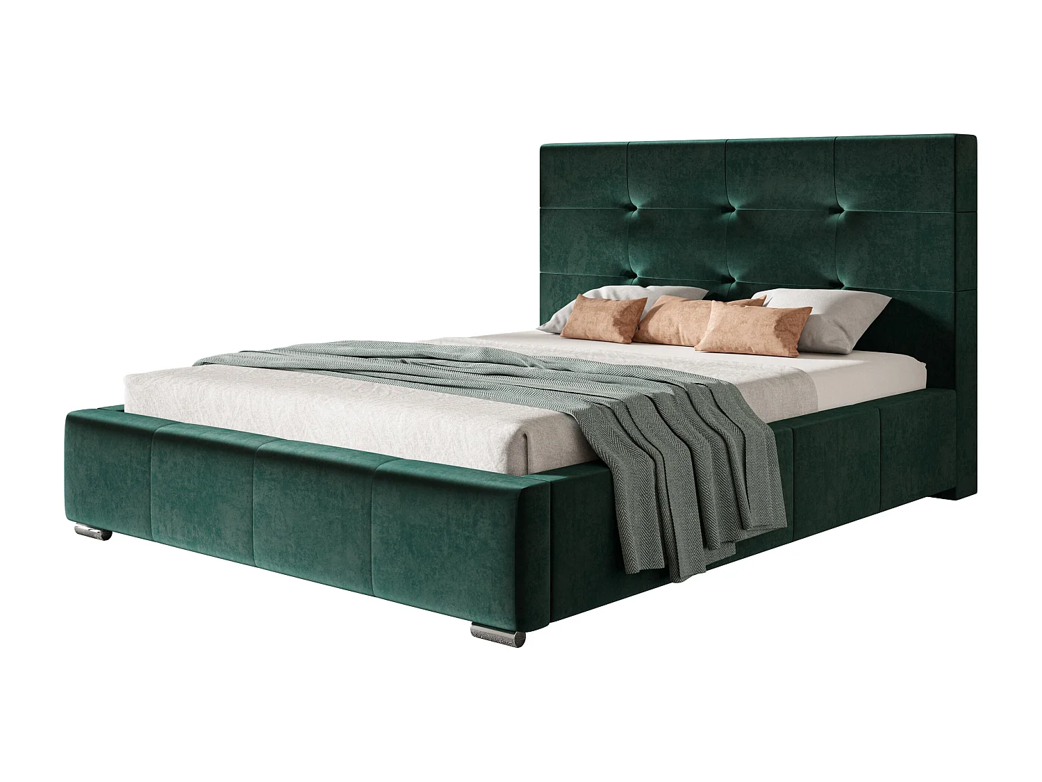 Lit rembourré Oslo avec tête de lit, 140x200 cm, lit double avec coffre de rangement et sommier à lattes en bois, tissu velours, couleur : vert