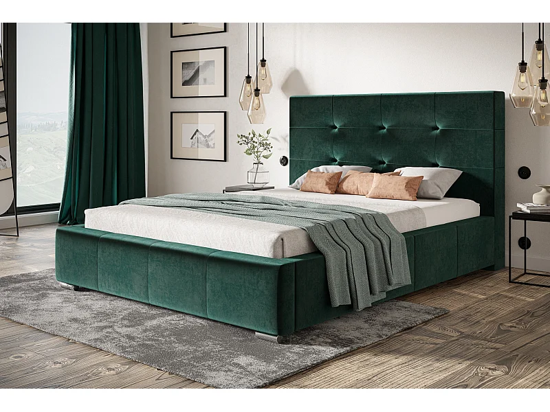 Lit rembourré Oslo avec tête de lit, 140x200 cm, lit double avec coffre de rangement et sommier à lattes en bois, tissu velours, couleur : vert