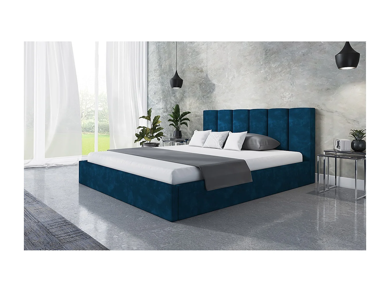 Lit rembourré TOKIO SLIM avec tête de lit, 160x200 cm, avec coffre de rangement et sommier à lattes en bois, couleur: bleu foncé, tissu velours