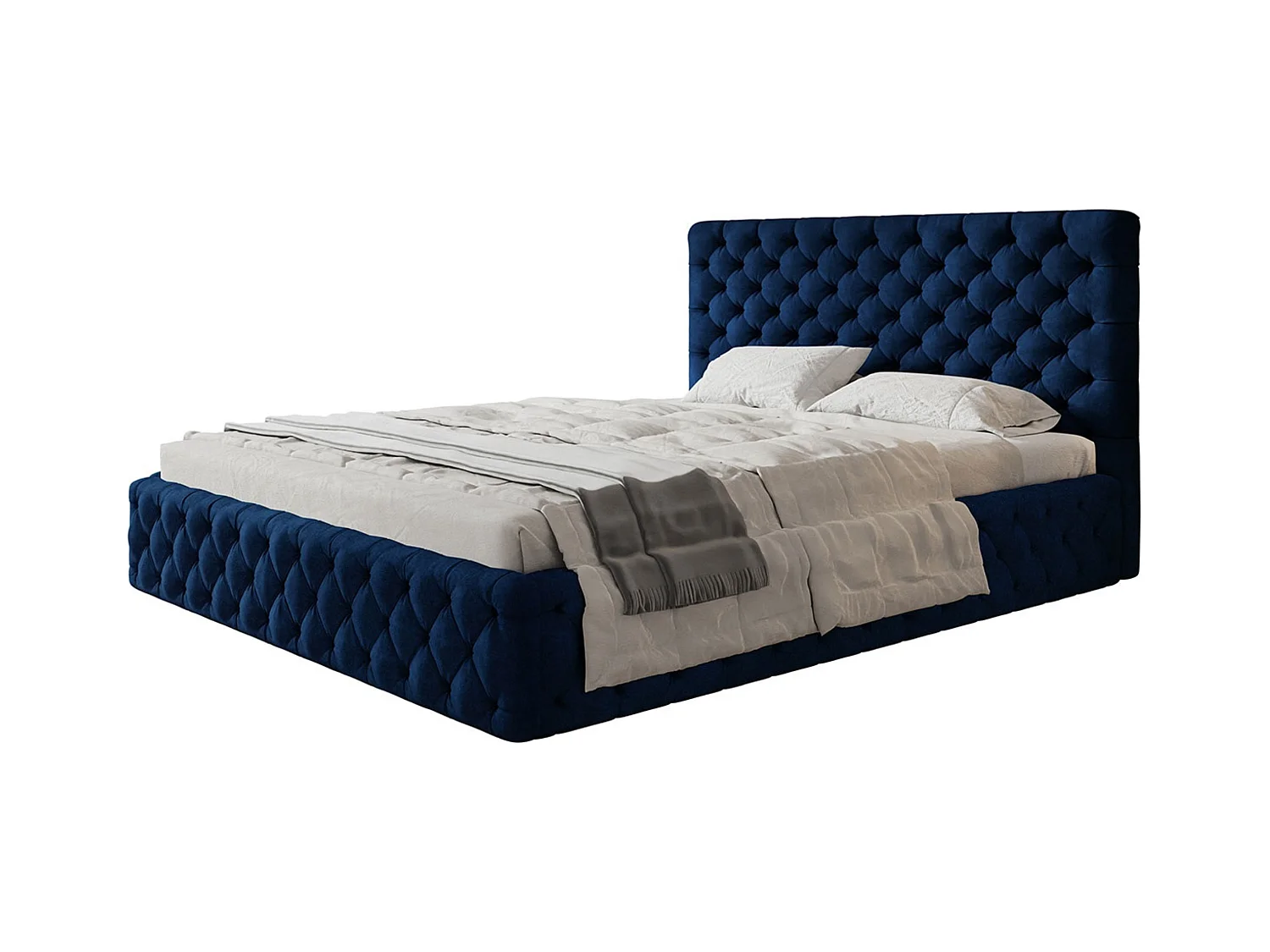 Lit rembourré MIAMI SLIM avec tête de lit, 180 x 200 cm, lit double avec coffre de rangement et sommier à lattes en bois, couleur : bleu foncé, tissu velours