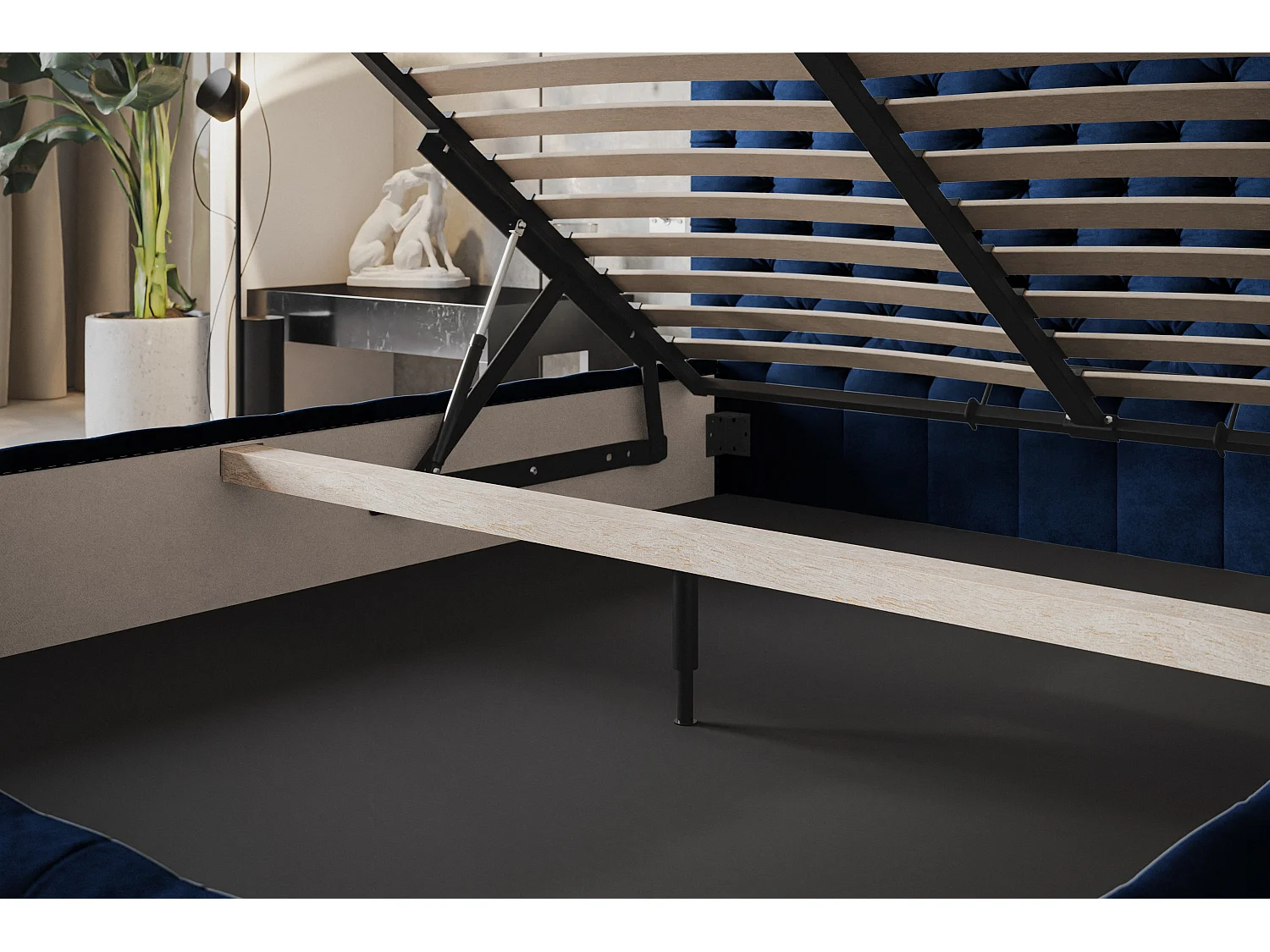 Lit rembourré MIAMI SLIM avec tête de lit, 180 x 200 cm, lit double avec coffre de rangement et sommier à lattes en bois, couleur : bleu foncé, tissu velours