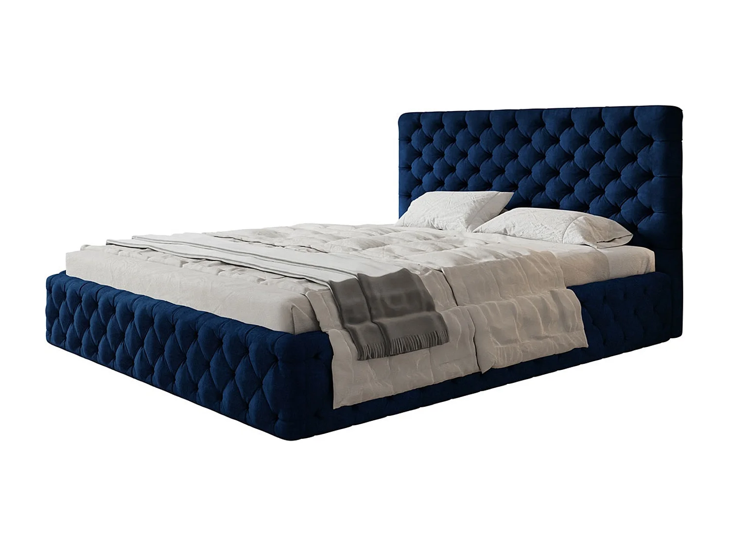 Lit rembourré MIAMI SLIM avec tête de lit, 180 x 200 cm, lit double avec coffre de rangement et sommier à lattes en bois, couleur : bleu foncé, tissu velours