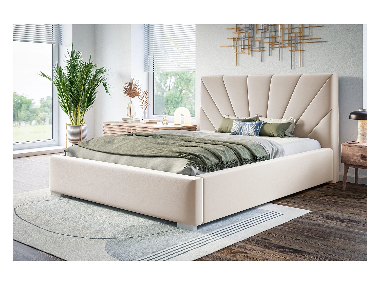 Lit rembourré Denver avec tête de lit, 180x200 cm, lit double avec coffre de rangement et sommier à lattes en bois, tissu velours, couleur : sable