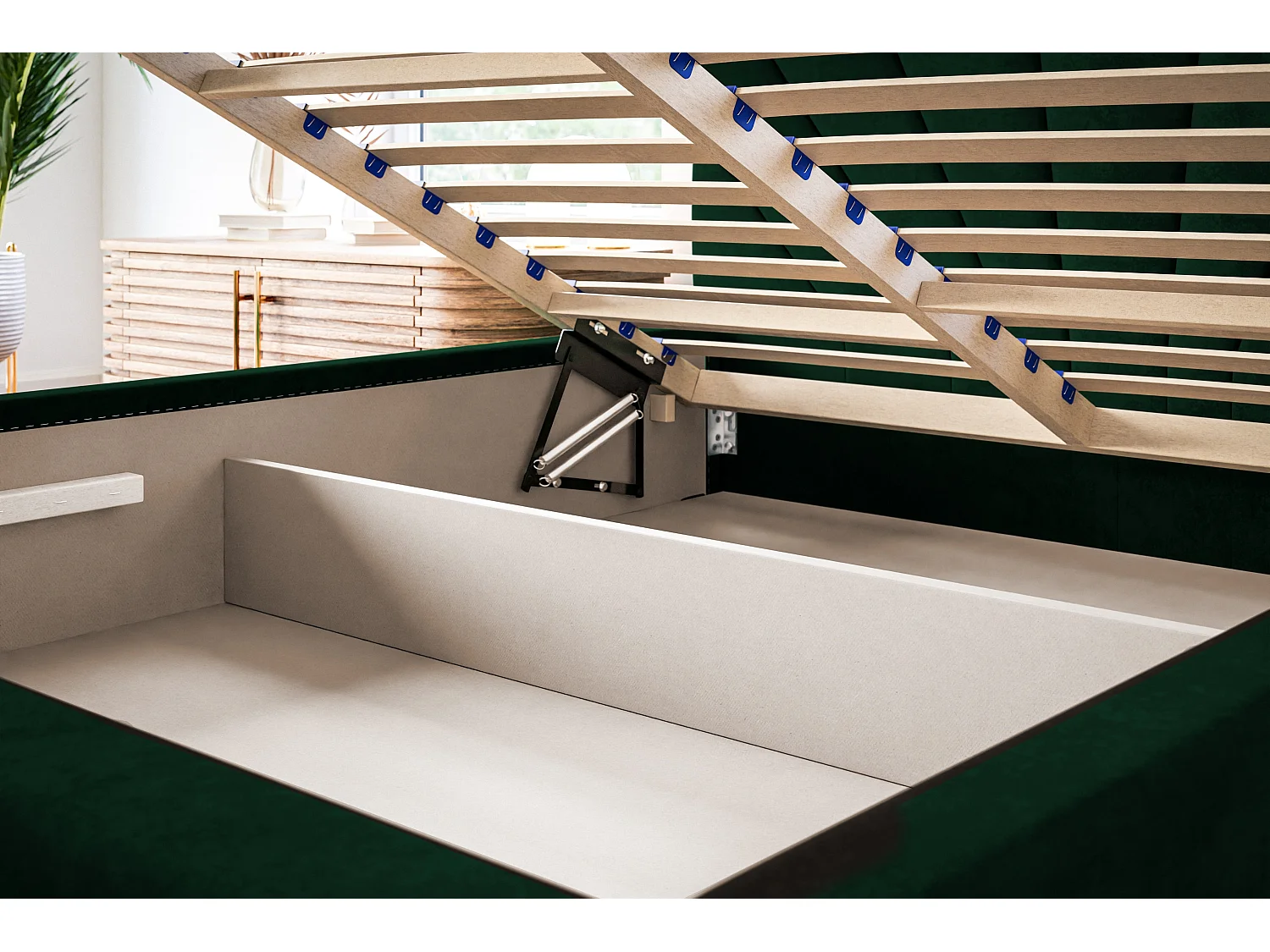 Lit rembourré Denver avec tête de lit, 180x200 cm, lit double avec coffre de rangement et sommier à lattes en bois, tissu velours, couleur : sable