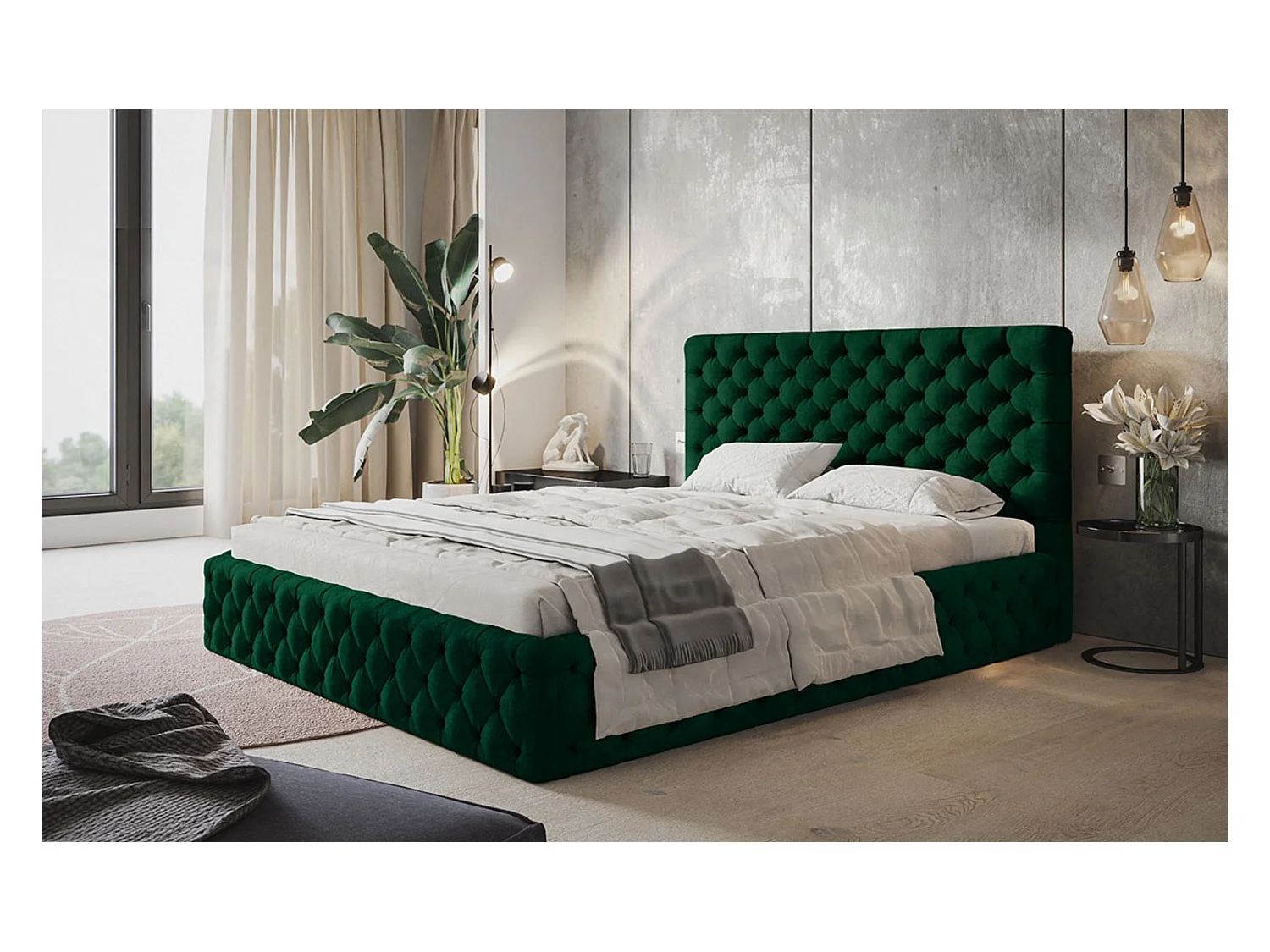 Lit rembourré MIAMI SLIM avec tête de lit, 140 x 200 cm, lit double avec coffre de rangement et sommier à lattes en bois, couleur : vert, tissu velours