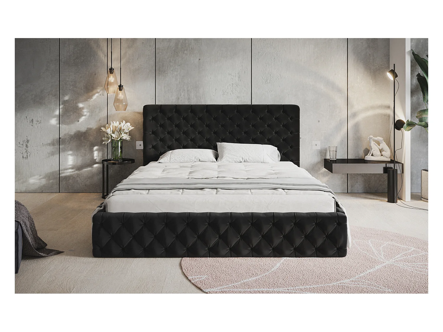 Lit rembourré MIAMI SLIM avec tête de lit, 140 x 200 cm, lit double avec coffre de rangement et sommier à lattes en bois, couleur : vert, tissu velours