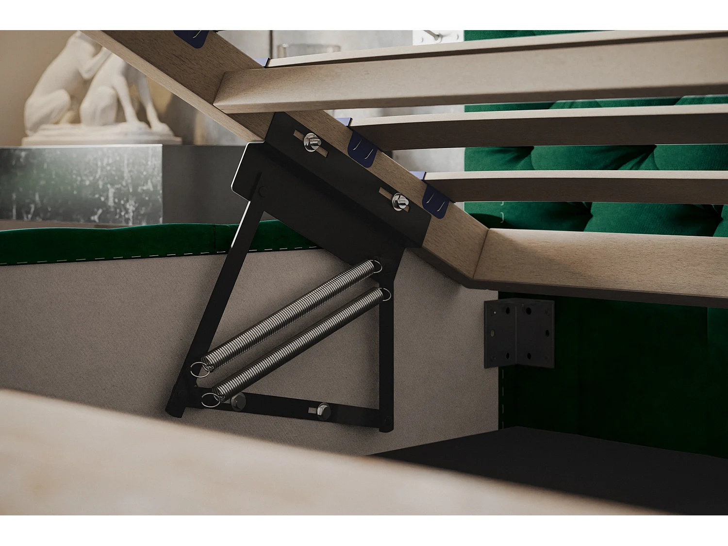 Lit rembourré MIAMI SLIM avec tête de lit, 140 x 200 cm, lit double avec coffre de rangement et sommier à lattes en bois, couleur : vert, tissu velours