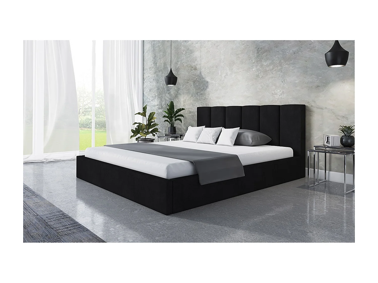 Lit rembourré TOKIO SLIM avec tête de lit, 180x200 cm, avec coffre de rangement et sommier à lattes en bois, couleur: noir, tissu velours