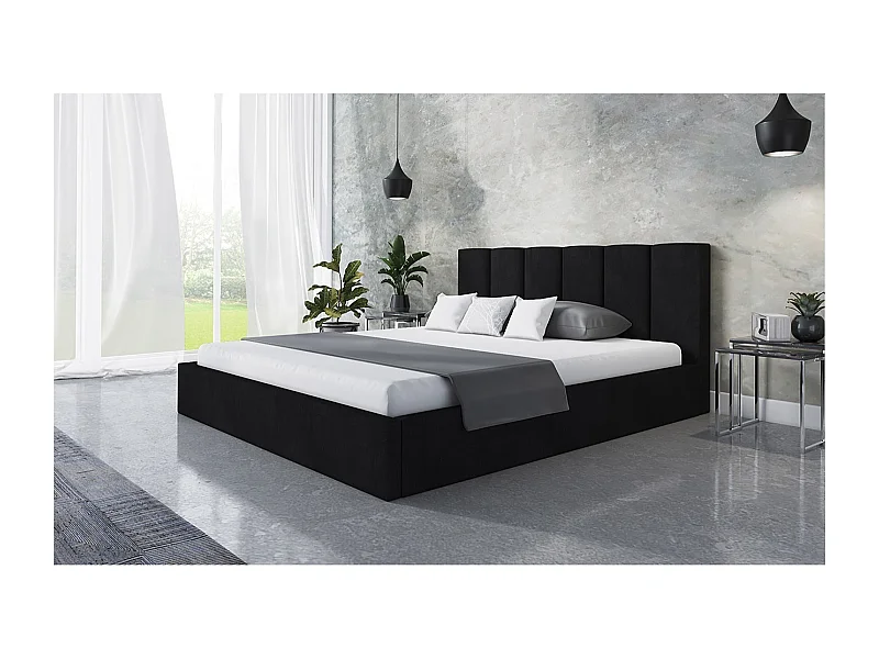 Lit rembourré TOKIO SLIM avec tête de lit, 140 x 200 cm, lit double avec coffre de rangement et sommier à lattes en bois, couleur : noir, tissu velours