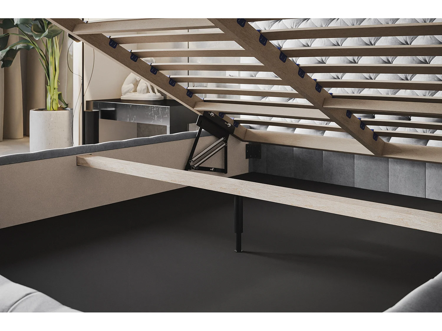 Lit rembourré MIAMI SLIM avec tête de lit, 180 x 200 cm, lit double avec coffre de rangement et sommier à lattes en bois, couleur : gris, tissu velours