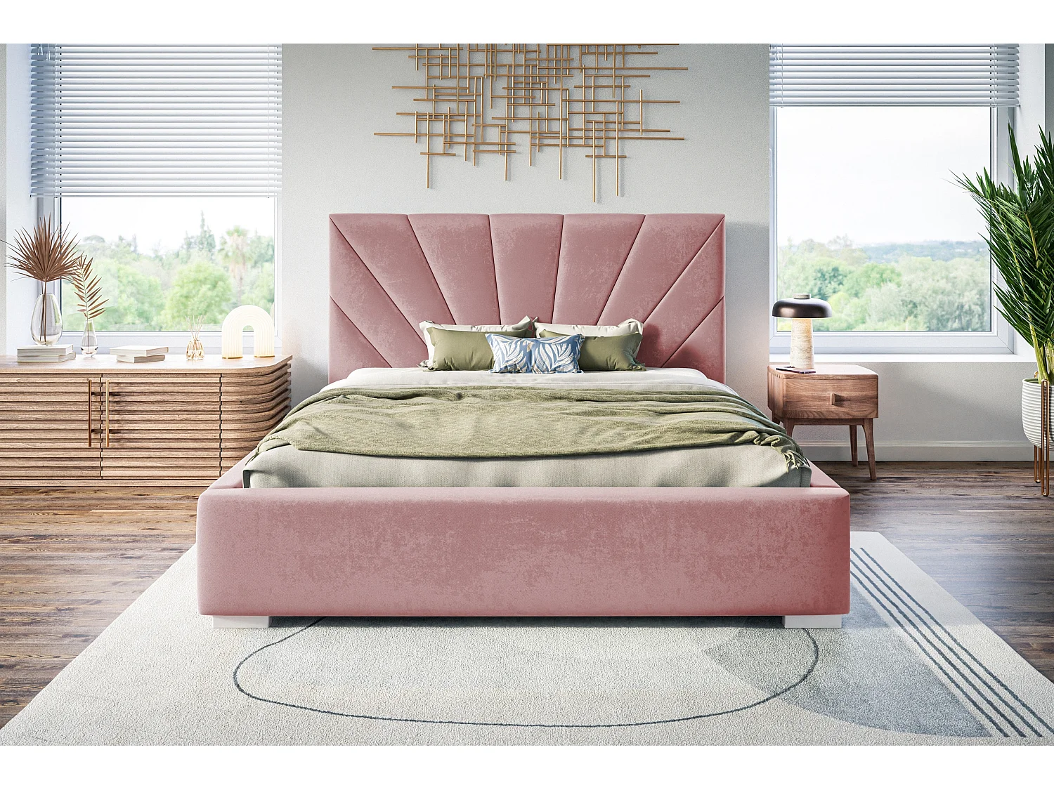 Lit rembourré Denver avec tête de lit, 120x200 cm,  avec coffre de rangement et sommier à lattes en bois, tissu velours, couleur: rose