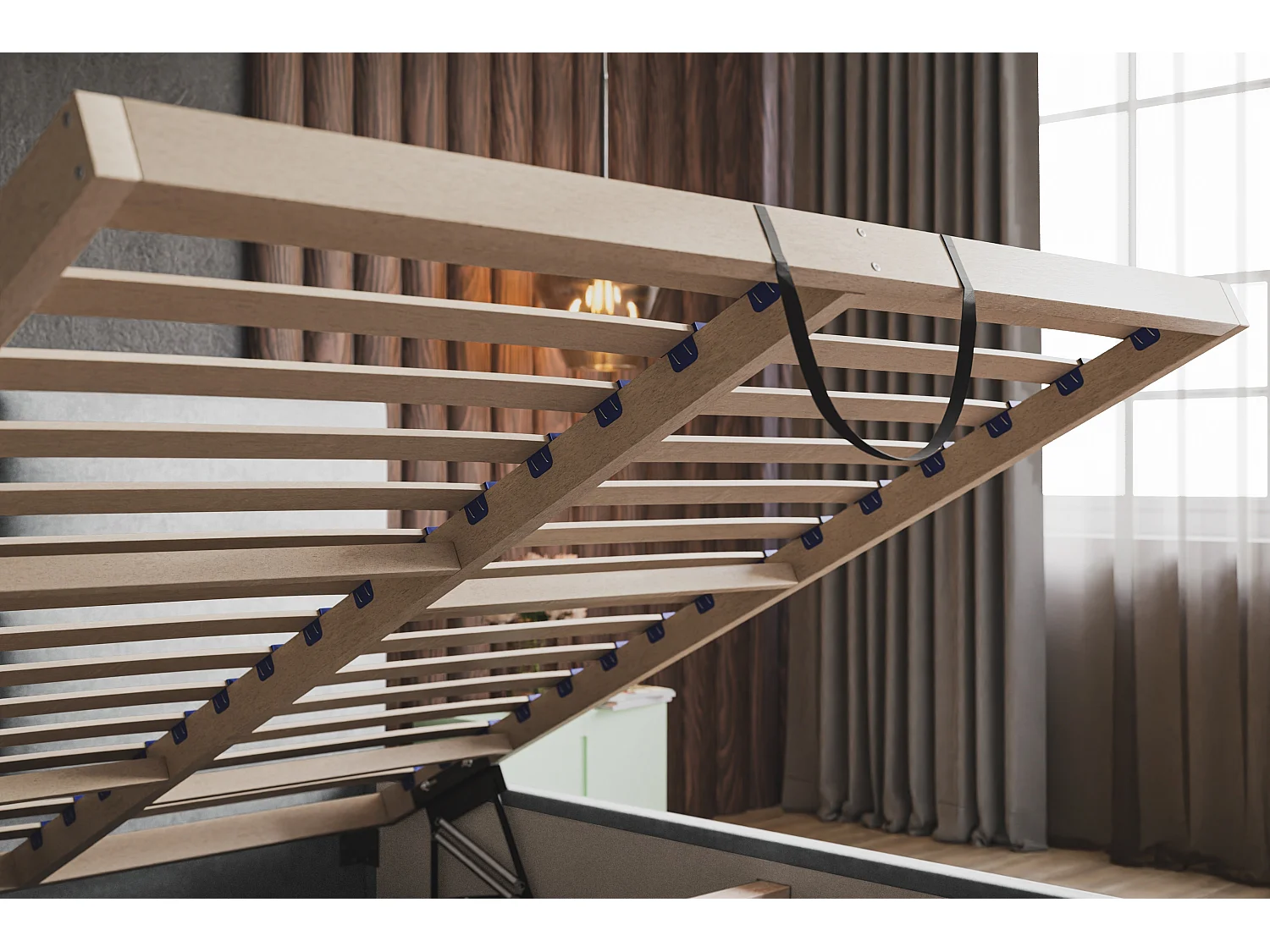 Lit rembourré LIZBONA SLIM avec tête de lit, 140 x 200 cm, lit double avec coffre de rangement et sommier à lattes en bois, couleur : bleu foncé, tissu velours