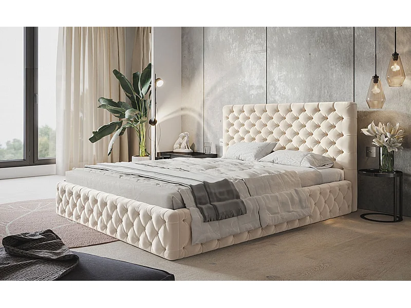 Lit rembourré MIAMI SLIM avec tête de lit, 140 x 200 cm, lit double avec coffre de rangement et sommier à lattes en bois, couleur : beige, tissu velours