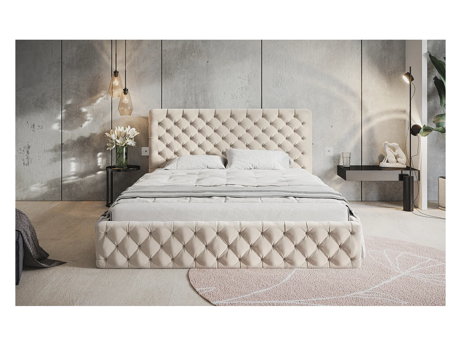 Lit rembourré MIAMI SLIM avec tête de lit, 140 x 200 cm, lit double avec coffre de rangement et sommier à lattes en bois, couleur : beige, tissu velours