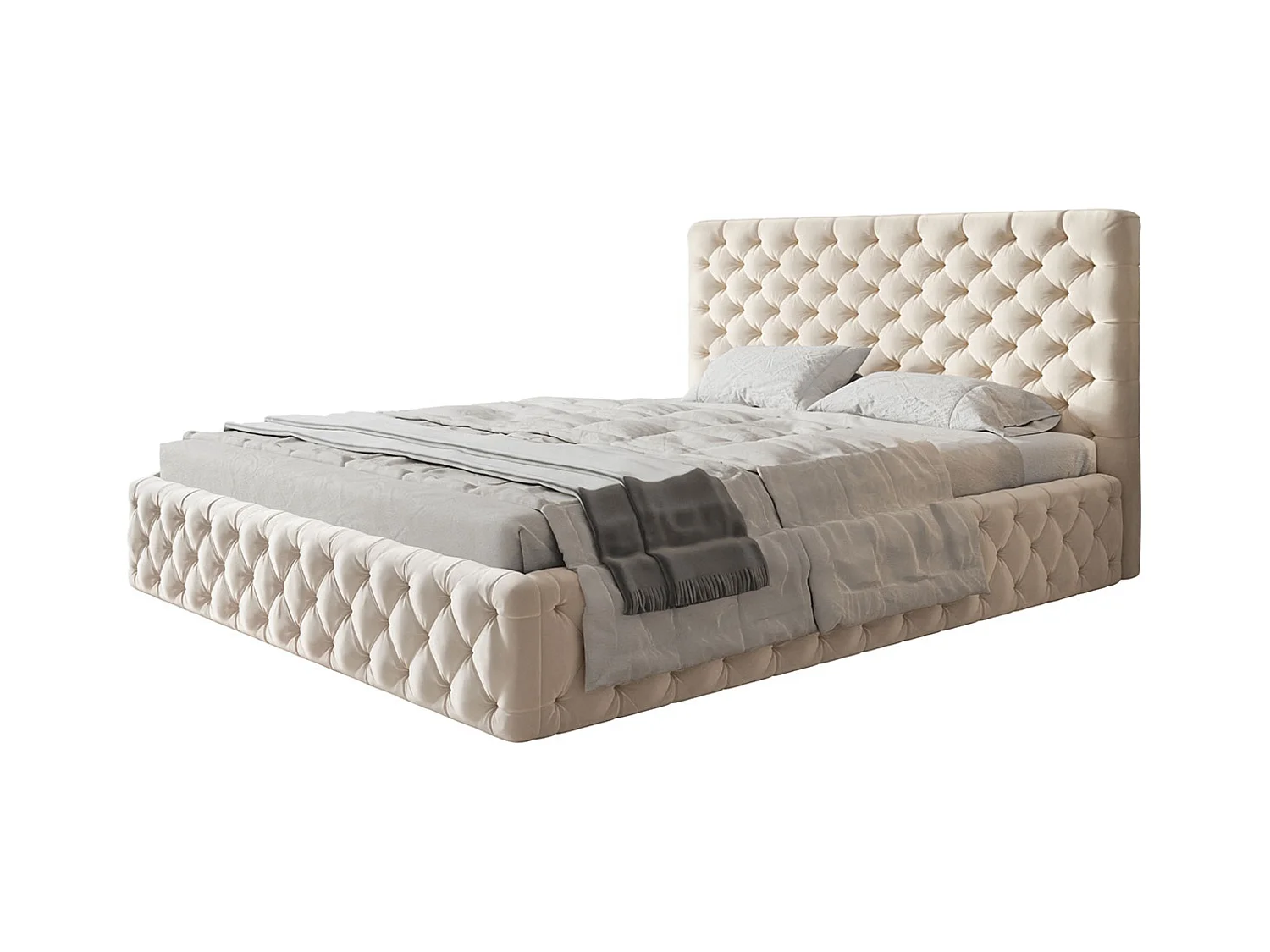 Lit rembourré MIAMI SLIM avec tête de lit, 140 x 200 cm, lit double avec coffre de rangement et sommier à lattes en bois, couleur : beige, tissu velours