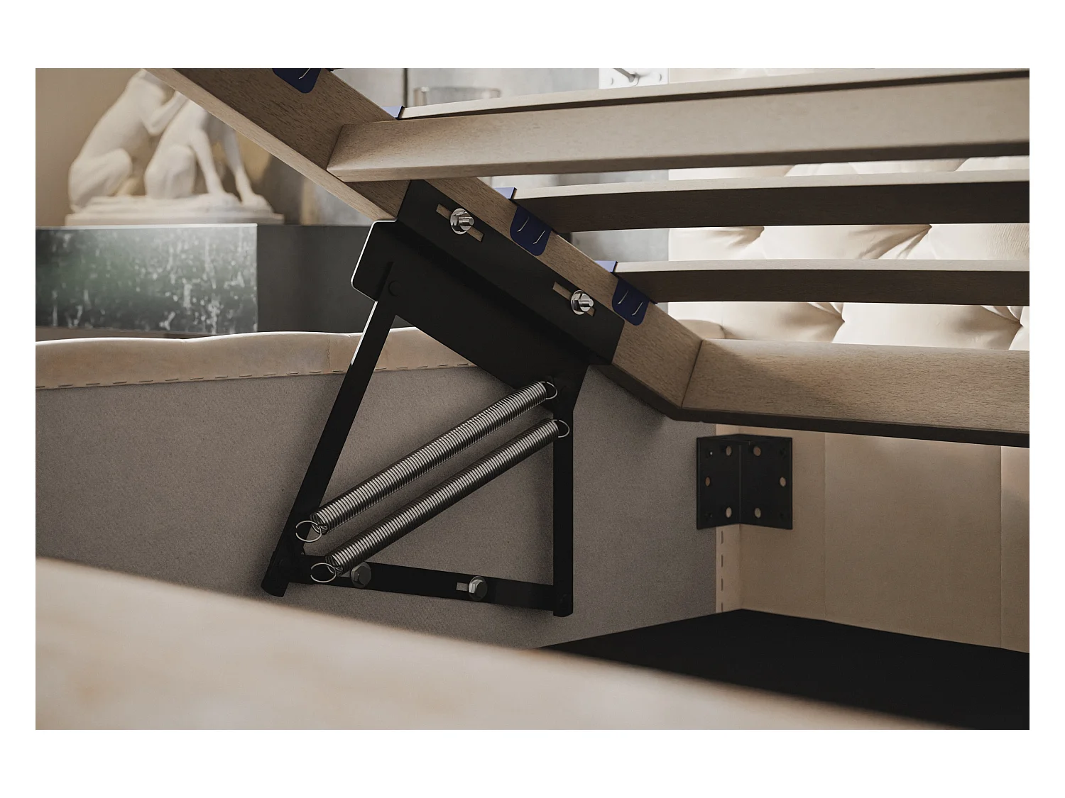 Lit rembourré MIAMI SLIM avec tête de lit, 140 x 200 cm, lit double avec coffre de rangement et sommier à lattes en bois, couleur : beige, tissu velours