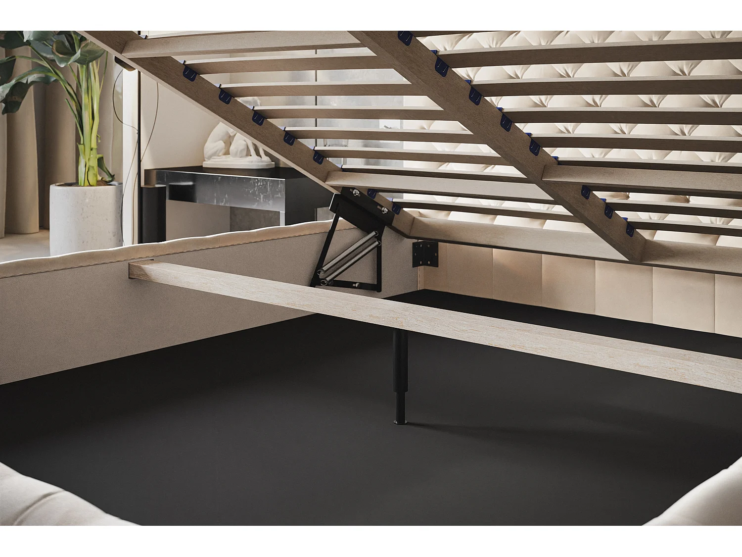 Lit rembourré MIAMI SLIM avec tête de lit, 140 x 200 cm, lit double avec coffre de rangement et sommier à lattes en bois, couleur : beige, tissu velours