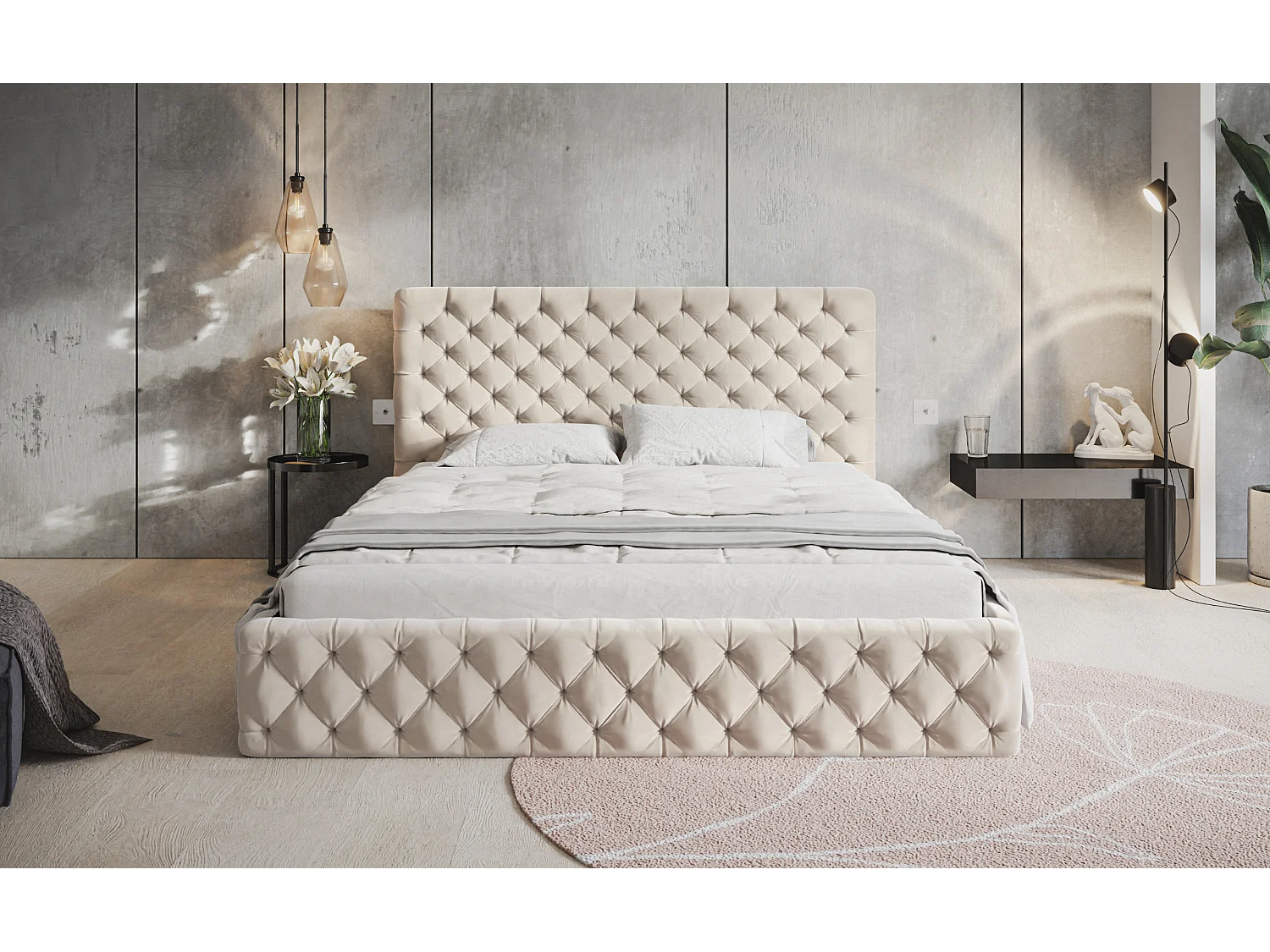 Lit rembourré MIAMI SLIM avec tête de lit, 140 x 200 cm, lit double avec coffre de rangement et sommier à lattes en bois, couleur : beige, tissu velours