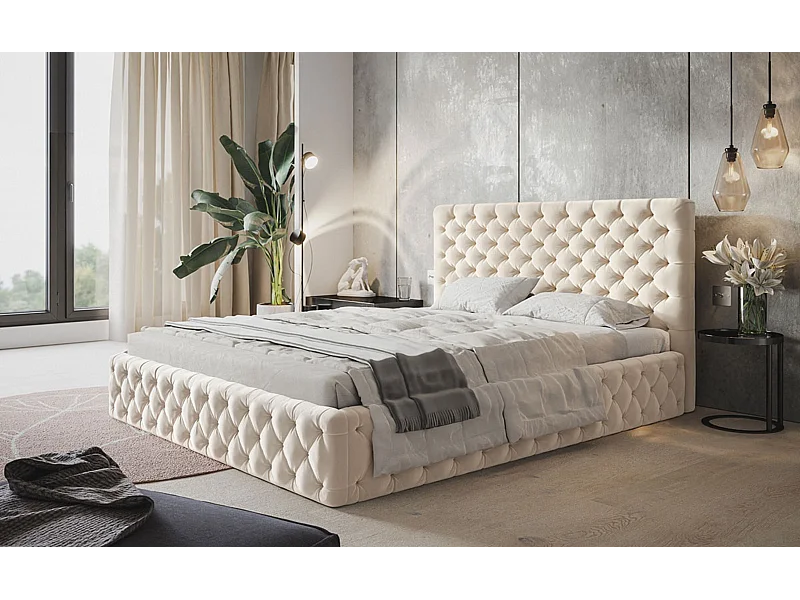 Lit rembourré MIAMI SLIM avec tête de lit, 140 x 200 cm, lit double avec coffre de rangement et sommier à lattes en bois, couleur : beige, tissu velours
