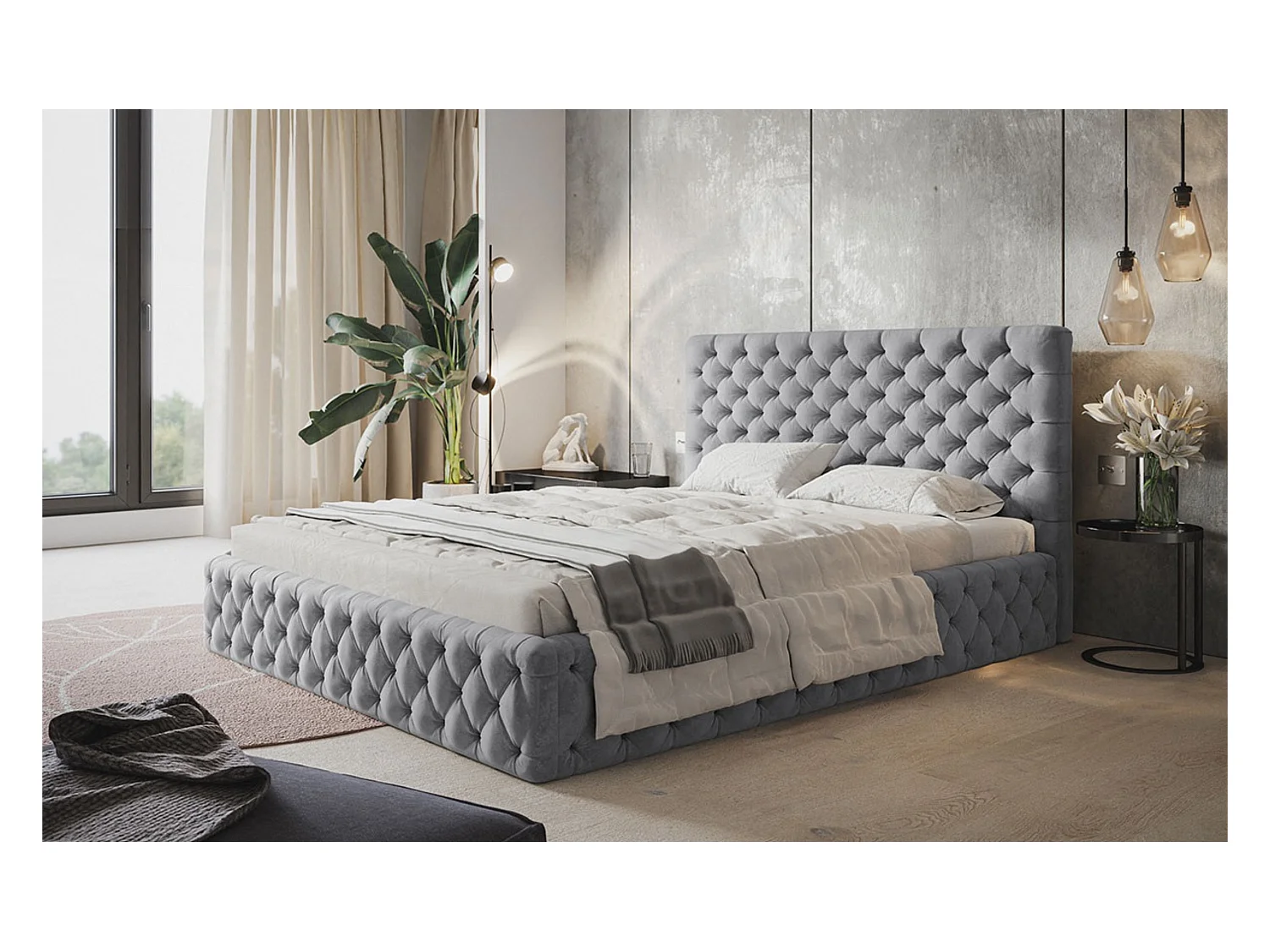 Lit rembourré MIAMI SLIM avec tête de lit, 160 x 200 cm, lit double avec coffre de rangement et sommier à lattes en bois, couleur : gris, tissu velours