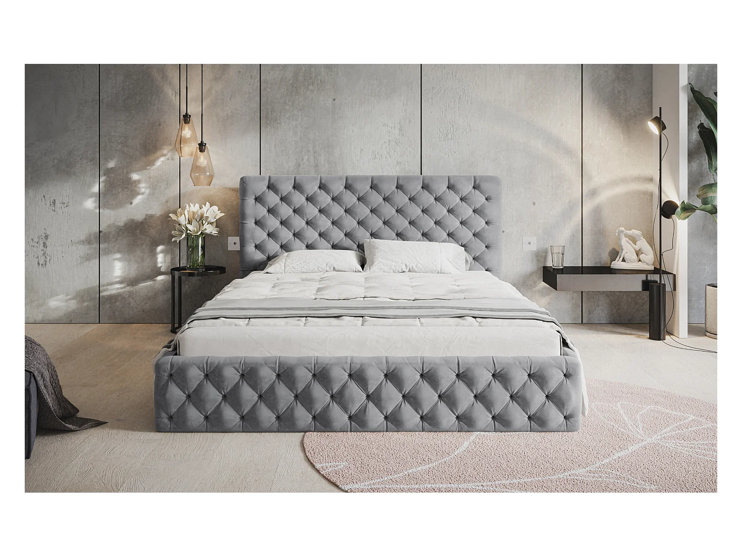 Lit rembourré MIAMI SLIM avec tête de lit, 160 x 200 cm, lit double avec coffre de rangement et sommier à lattes en bois, couleur : gris, tissu velours