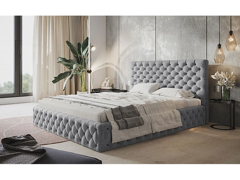 Lit rembourré MIAMI SLIM avec tête de lit, 160 x 200 cm, lit double avec coffre de rangement et sommier à lattes en bois, couleur : gris, tissu velours