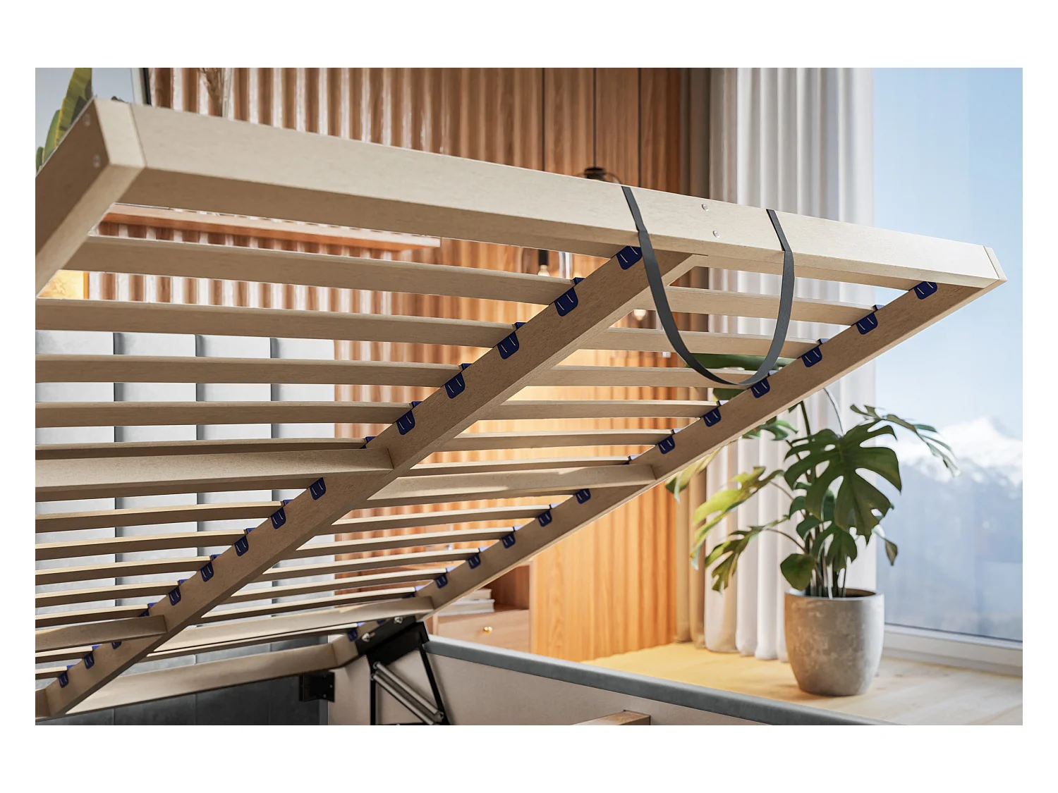 Lit rembourré TOKIO SLIM avec tête de lit, 180 x 200 cm, lit double avec coffre de rangement et sommier à lattes en bois, couleur : gris, tissu velours