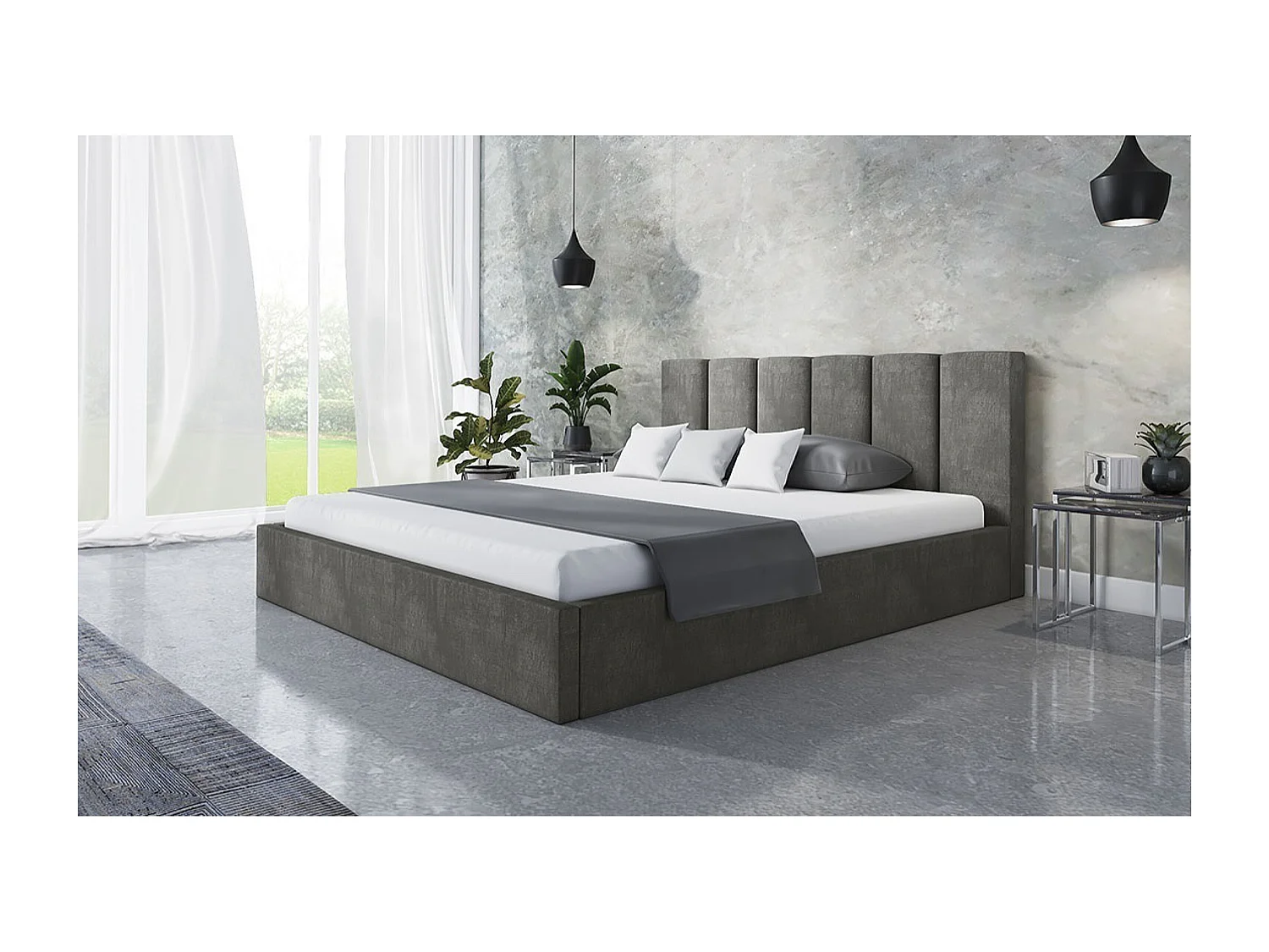 Lit rembourré TOKIO SLIM avec tête de lit, 180 x 200 cm, lit double avec coffre de rangement et sommier à lattes en bois, couleur : gris, tissu velours